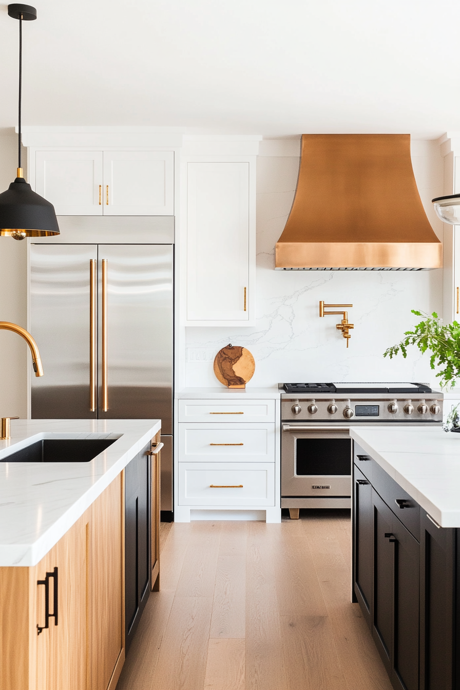 Kitchen with mixed metal places like brass and stainless steel