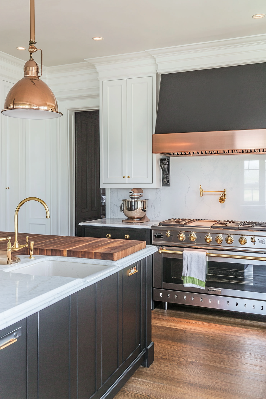 Kitchen with mixed metal places like brass and stainless steel