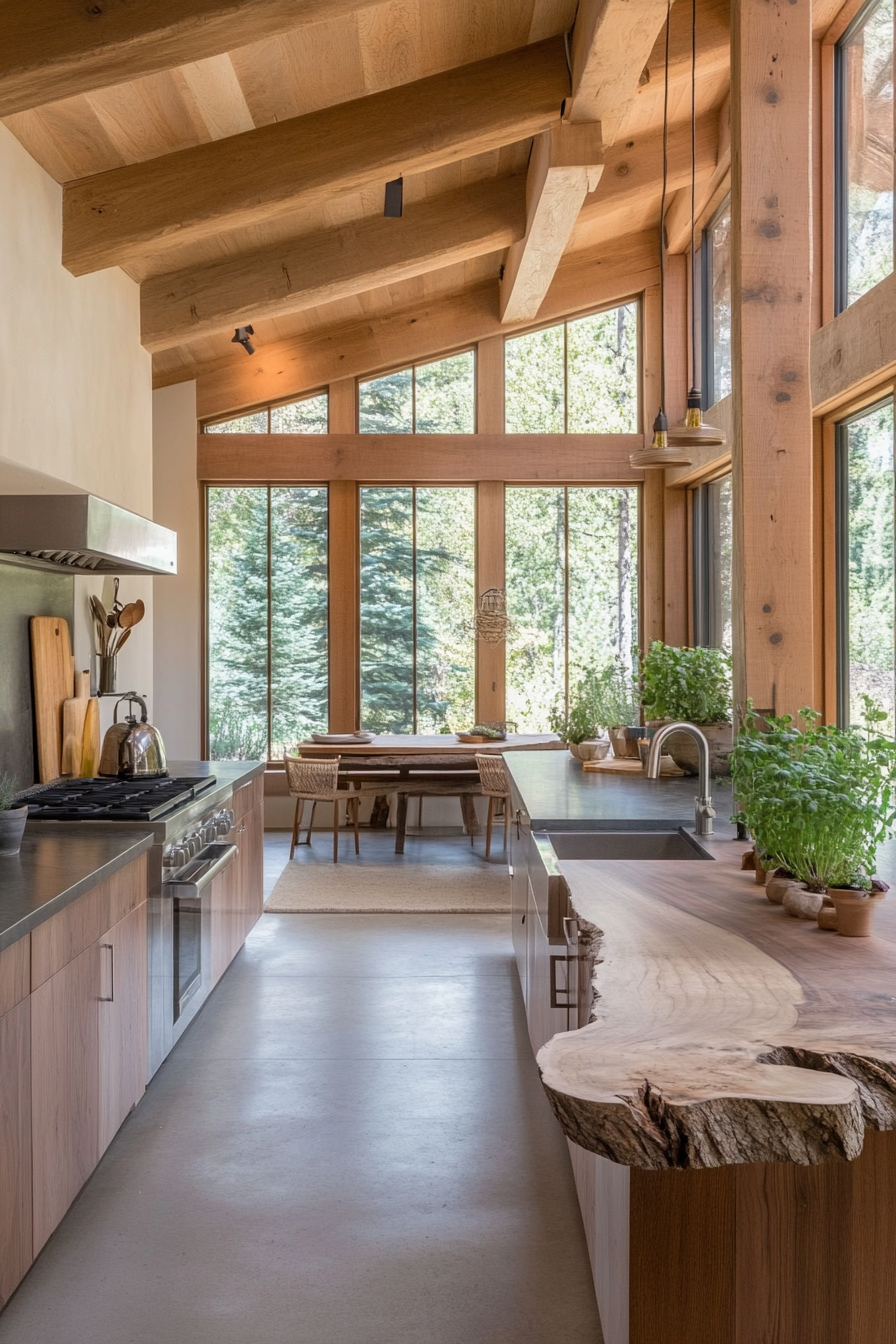 Kitchen with wooden beams and stone countertops