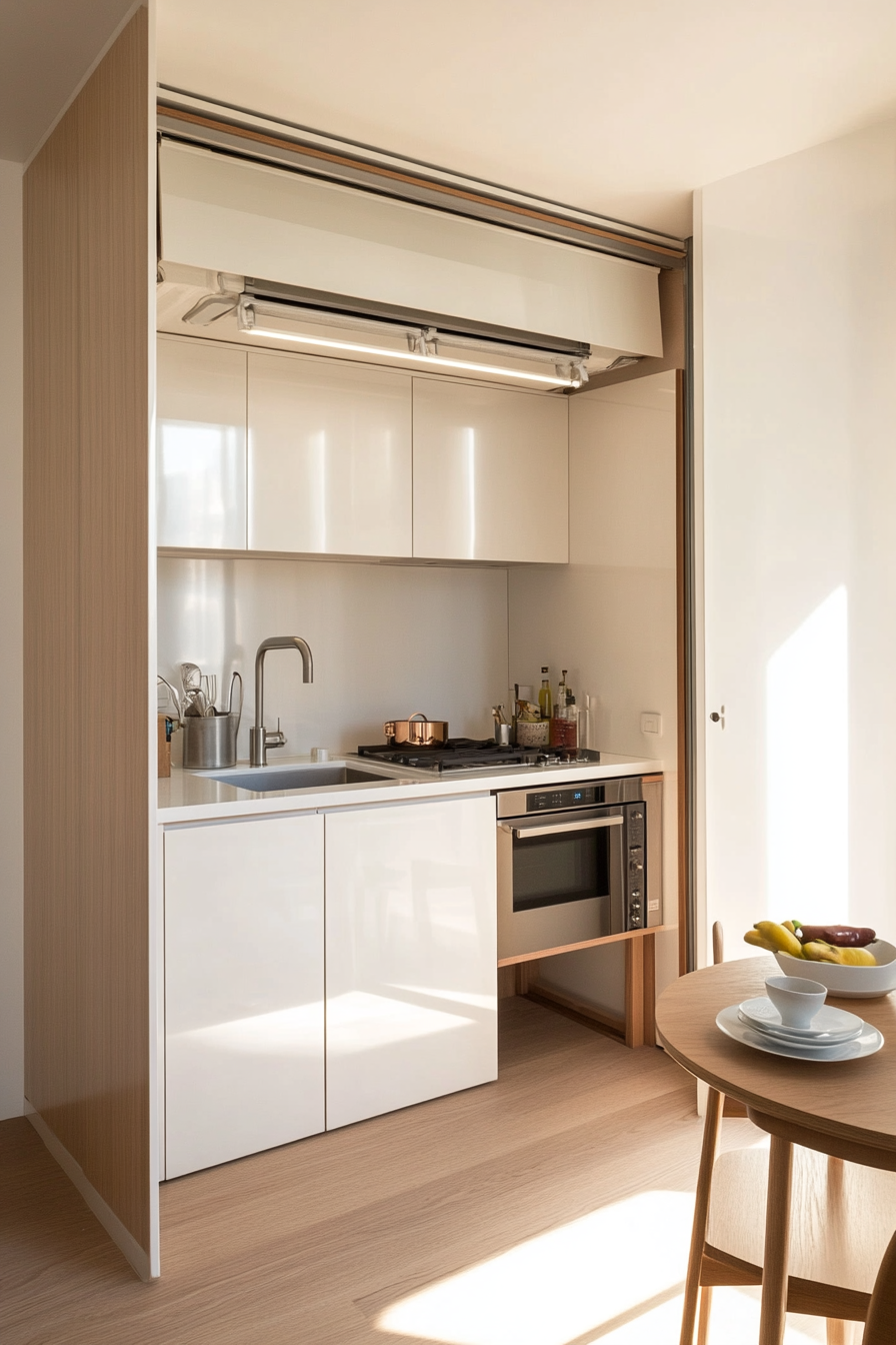 Compact kitchen with bright cabinets and sleek appliances