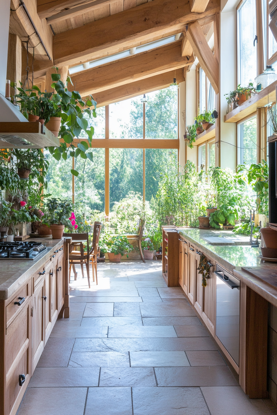 Kitchen with wooden beams and stone countertops