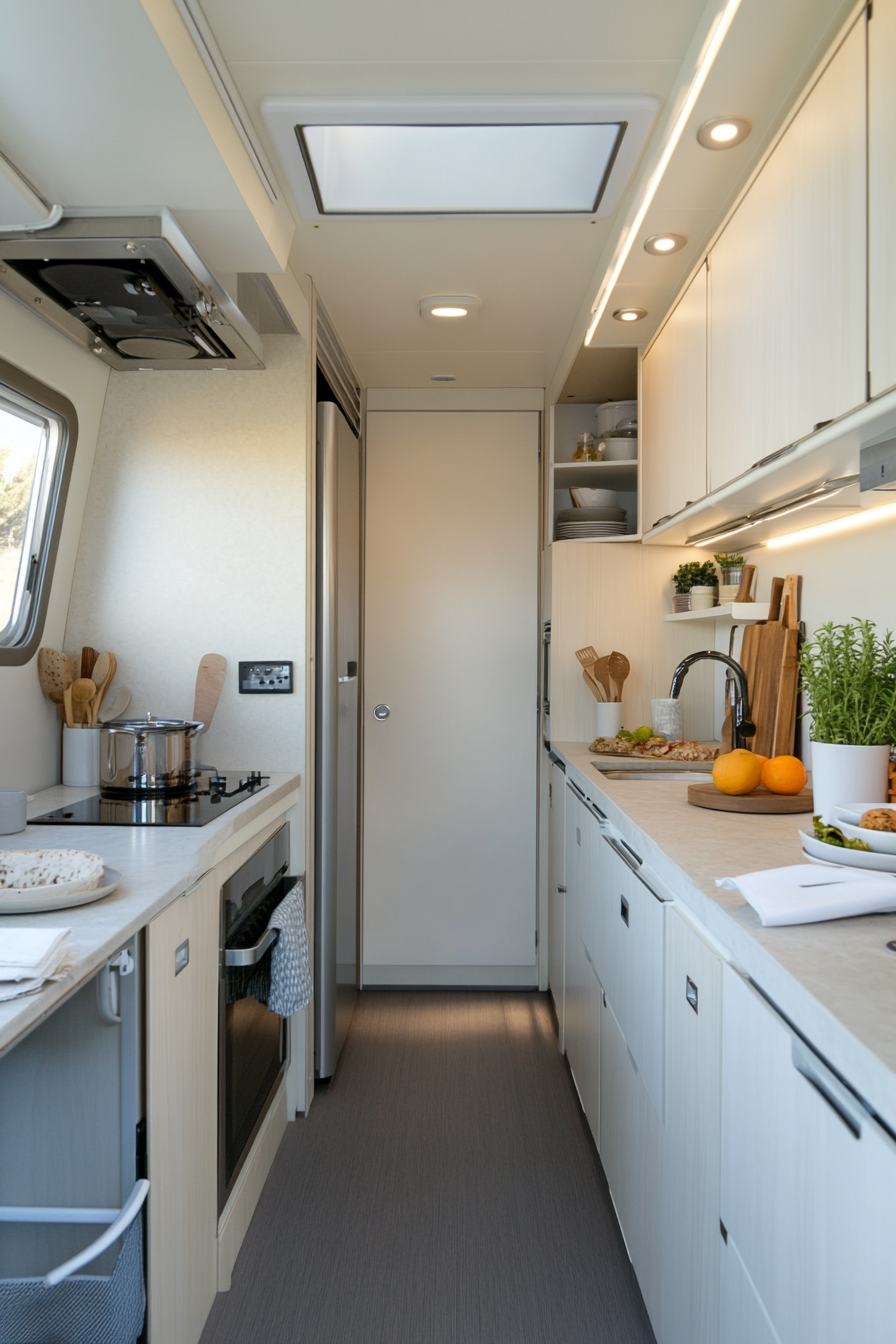 Compact kitchen with bright cabinets and sleek appliances