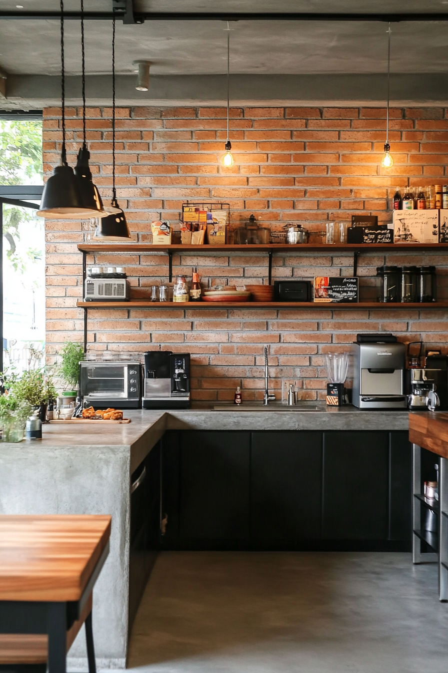 Industrial-style kitchen with exposed brick walls and stainless steel appliances