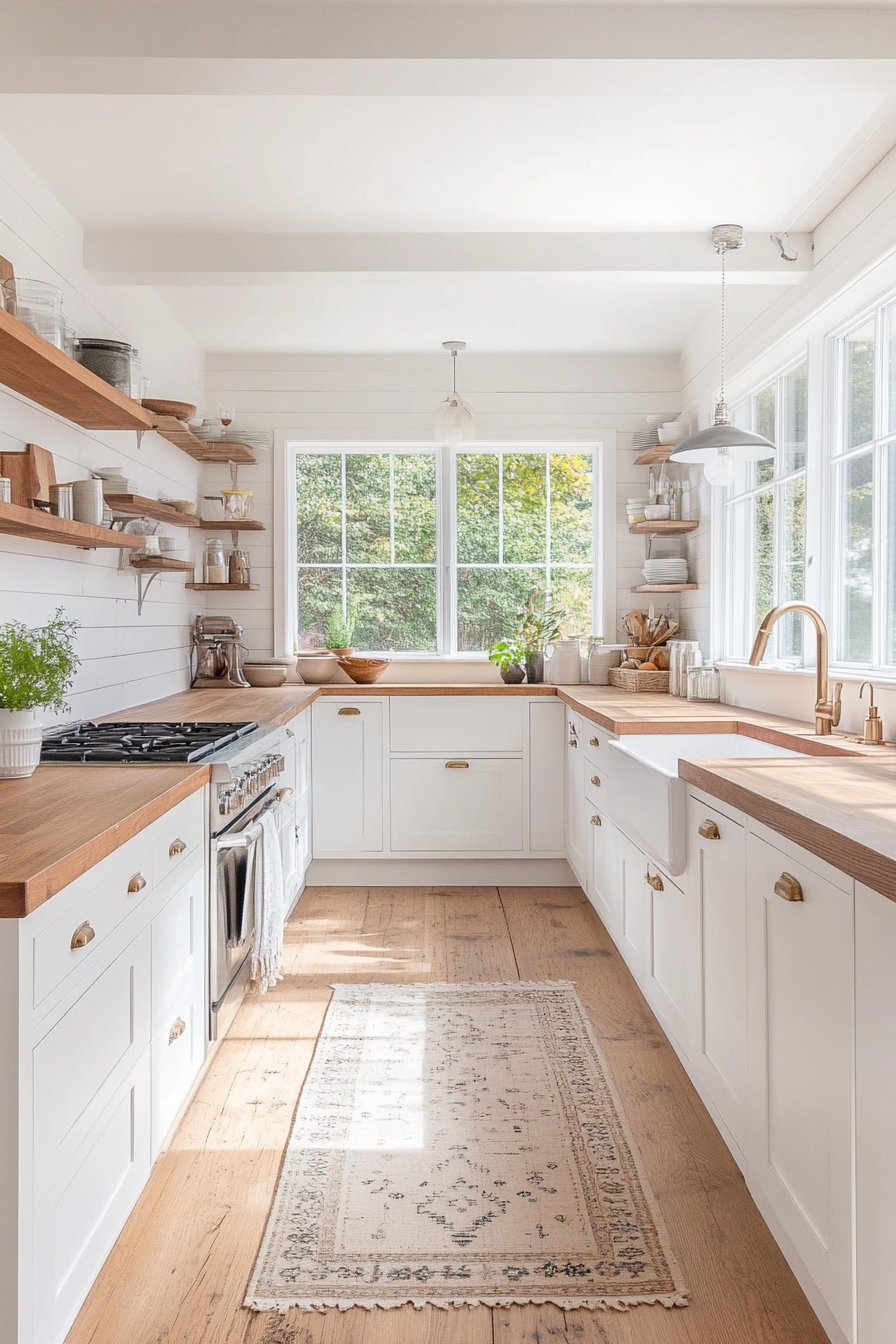 Scandinavian inspired kitchen with white cabinets and wooden tops