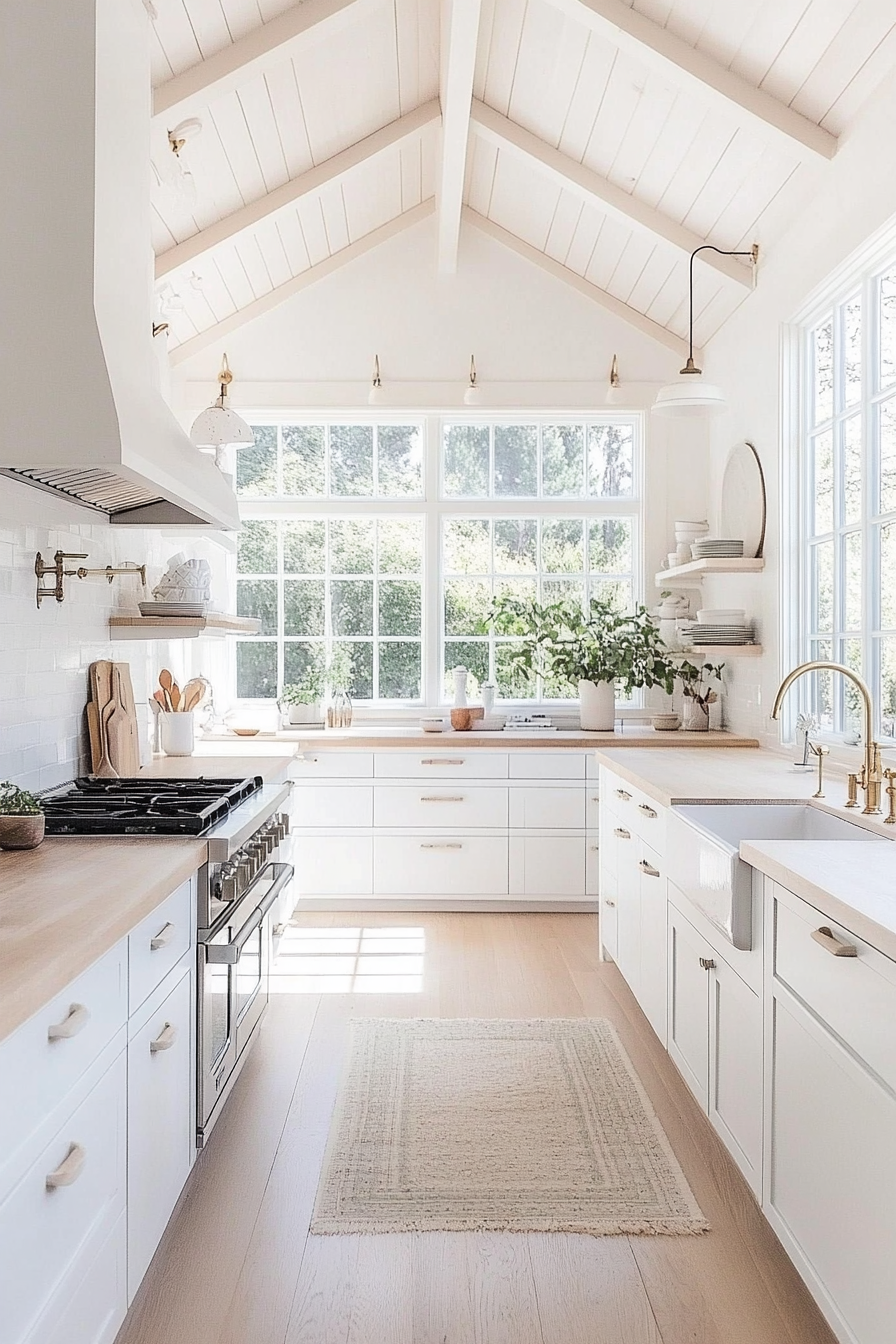 Scandinavian inspired kitchen with white cabinets and wooden tops