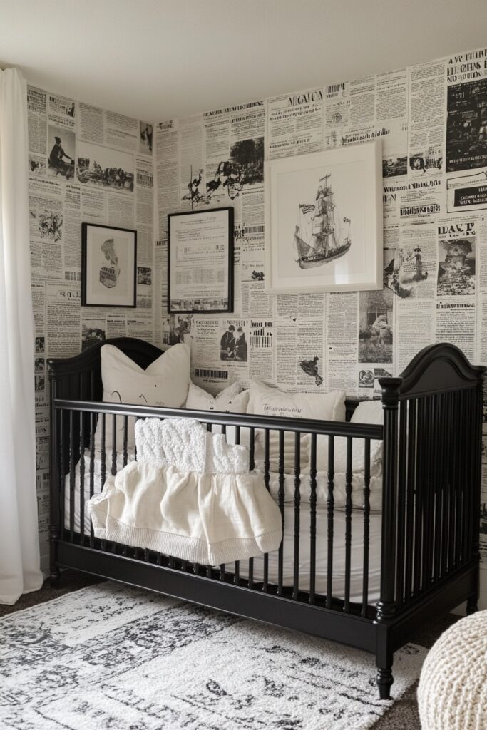 Baby room with newspaper print