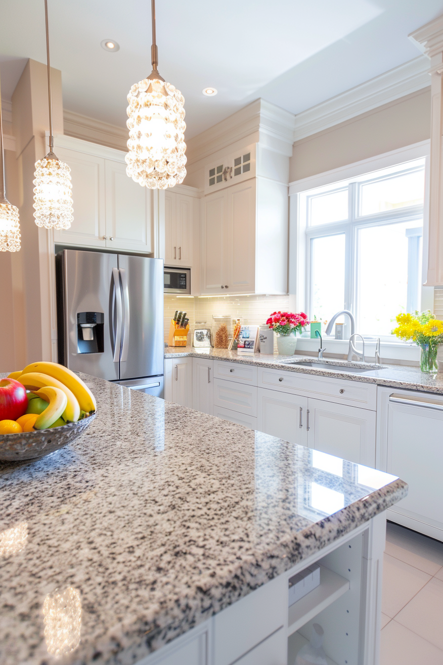 Pendant lamp above a white marble island