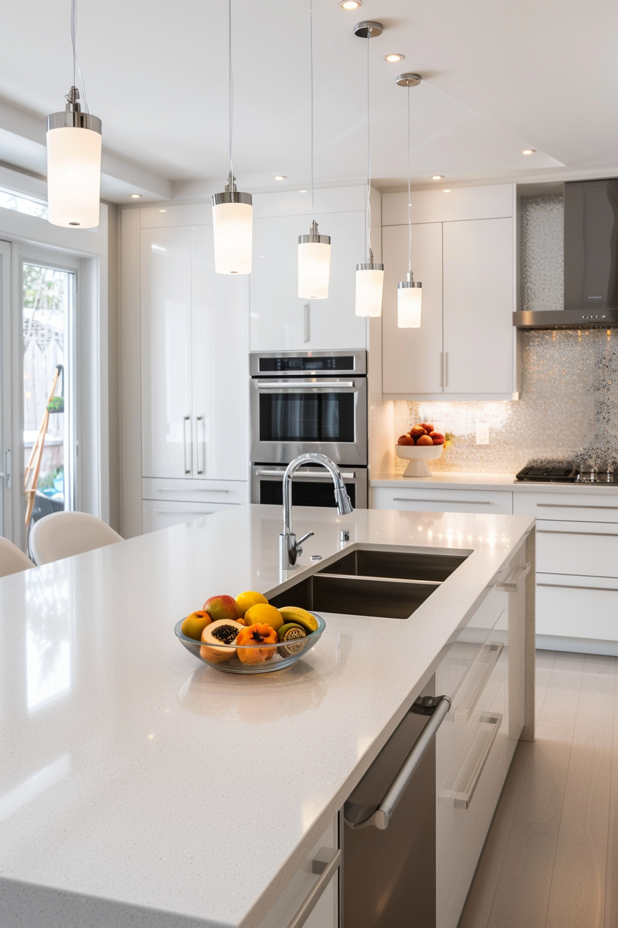 Linear hanging lights over a white island