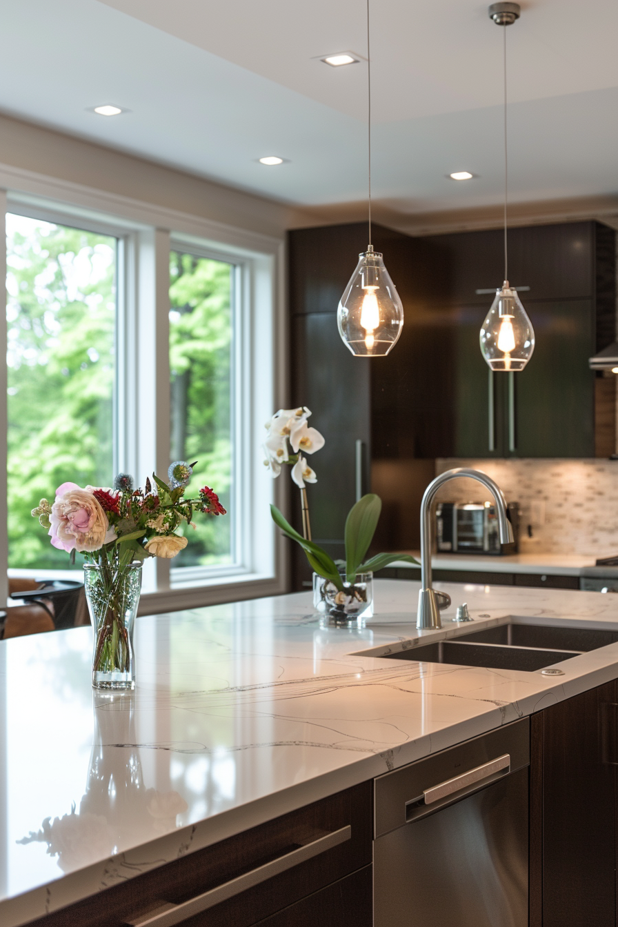 Linear hanging lights over a white island