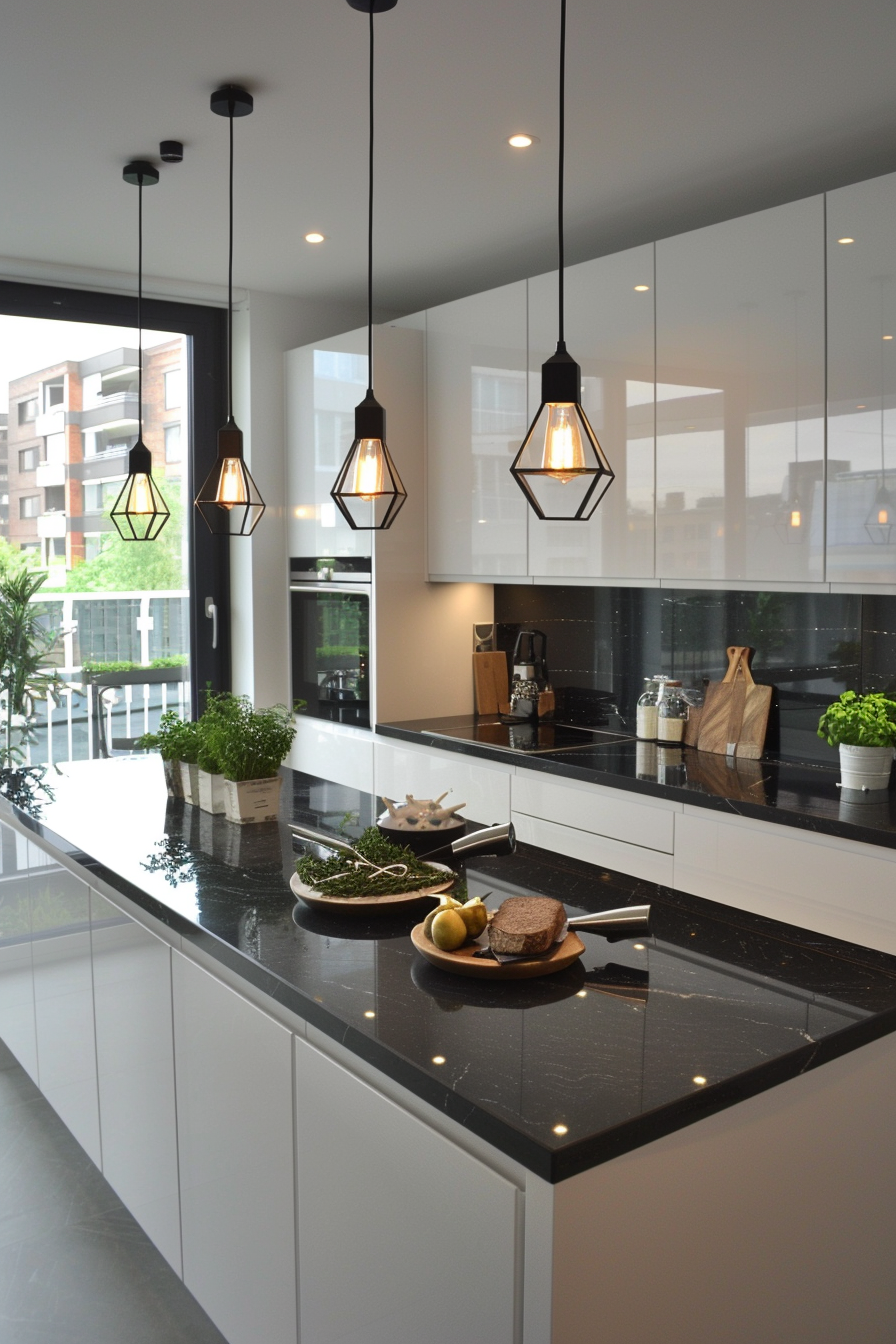 Linear hanging lights over a white island