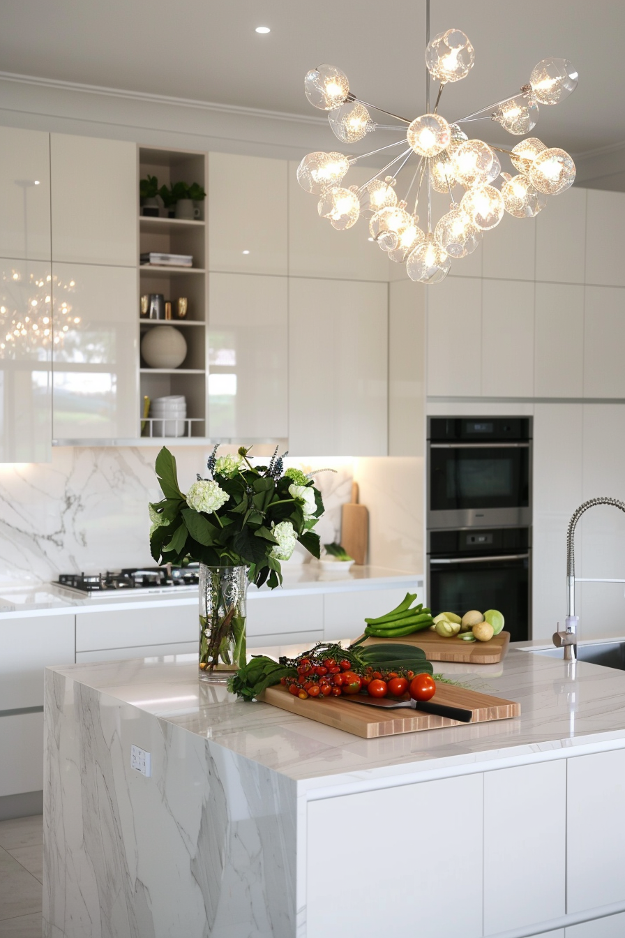 Crystal chandelier over a wooden island