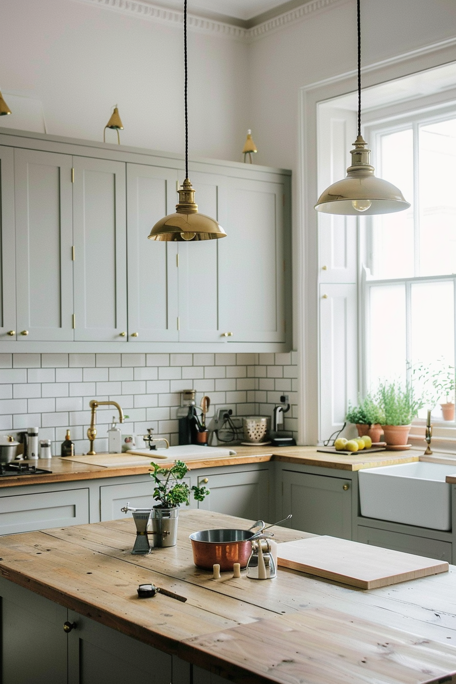 Pendant lamp above a white marble island