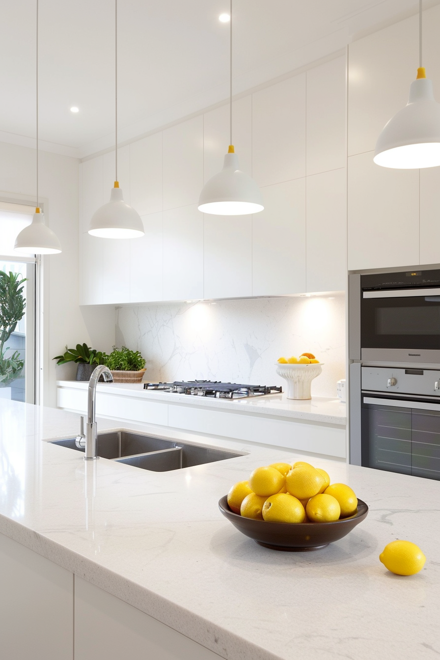 Small white pendant lights above a marble island