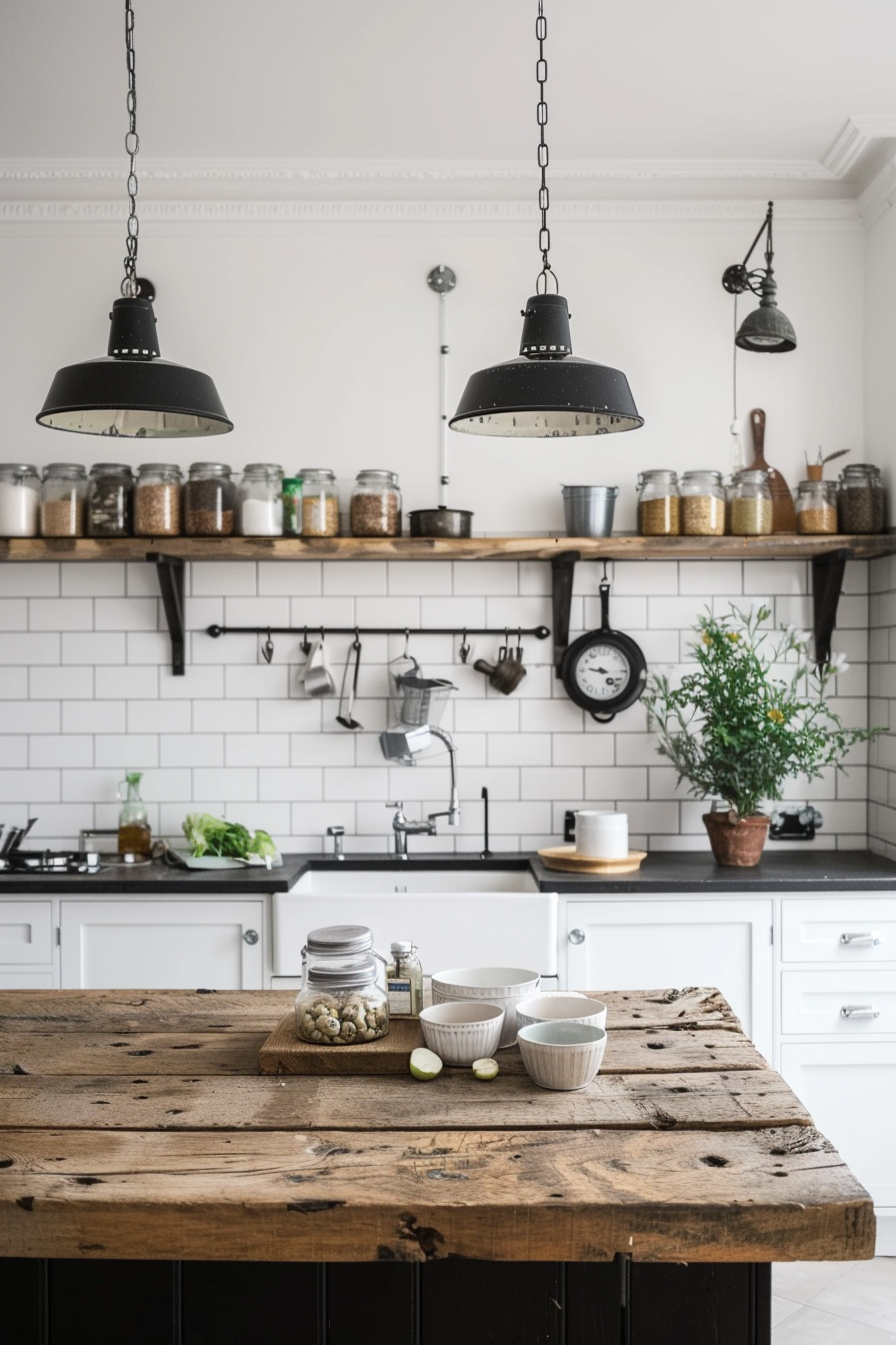 Black pendant lamp above a wooden island