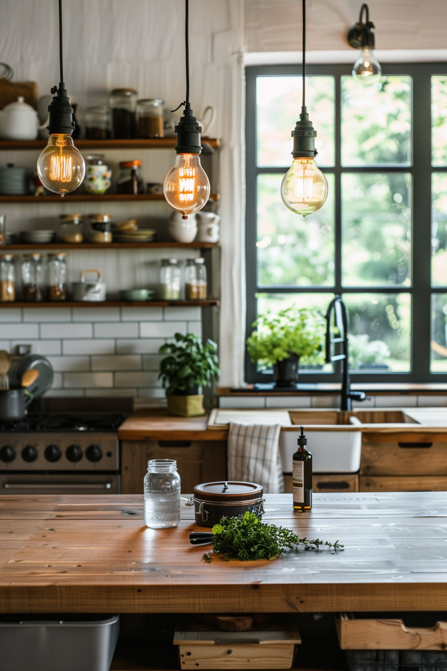 Black pendant lamp above a wooden island