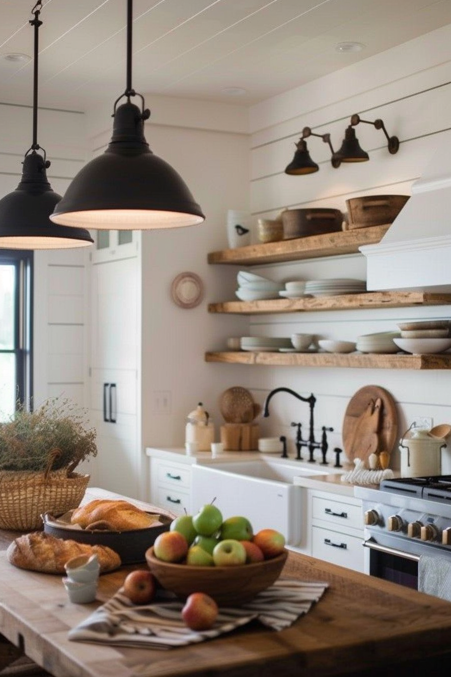 Black pendant lamp above a wooden island