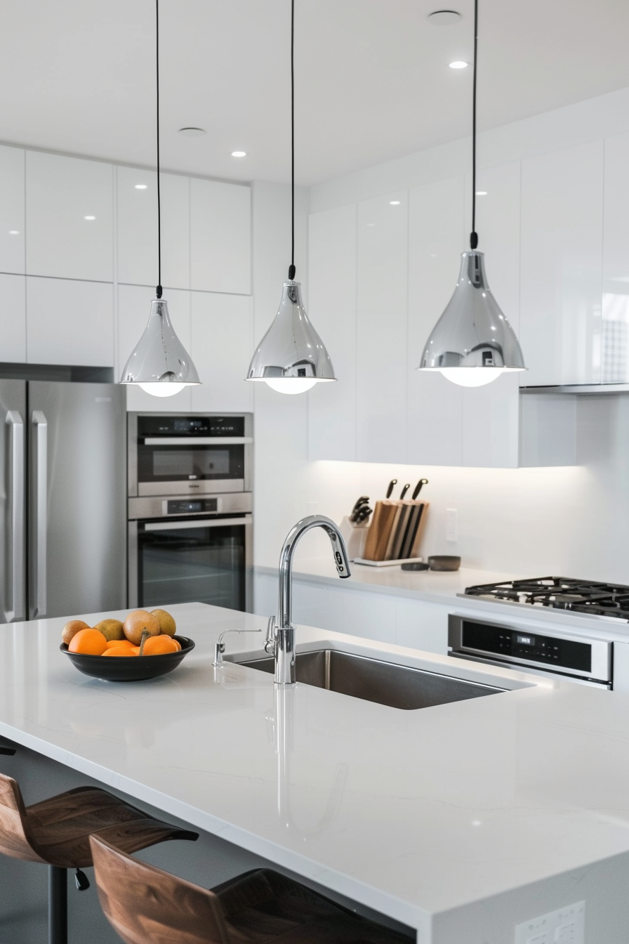 Small white pendant lights above a marble island