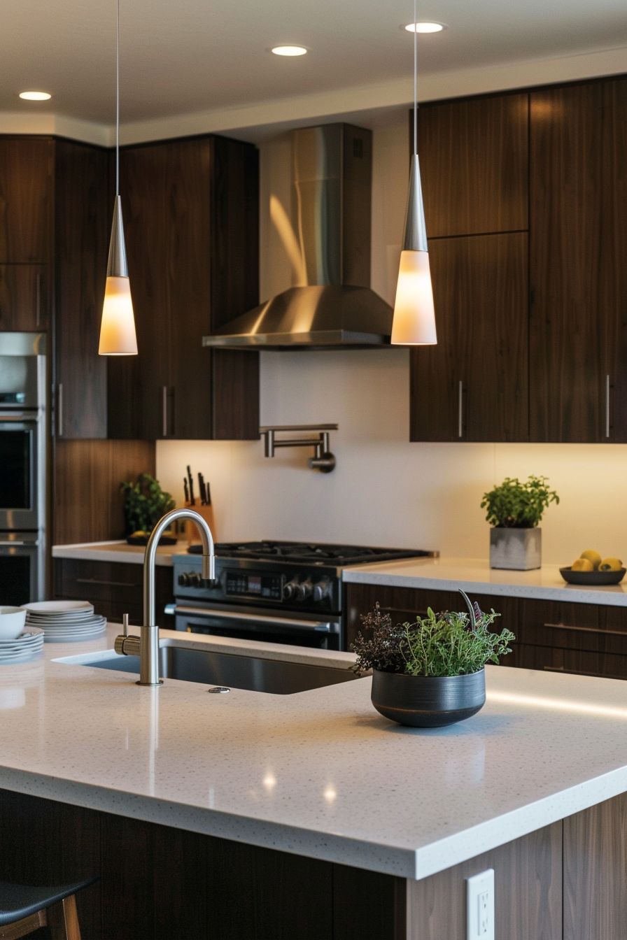 Glass and metal heating light over a granite island