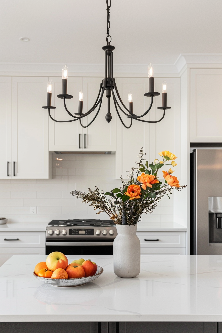 Chrome chandelier over a marble island