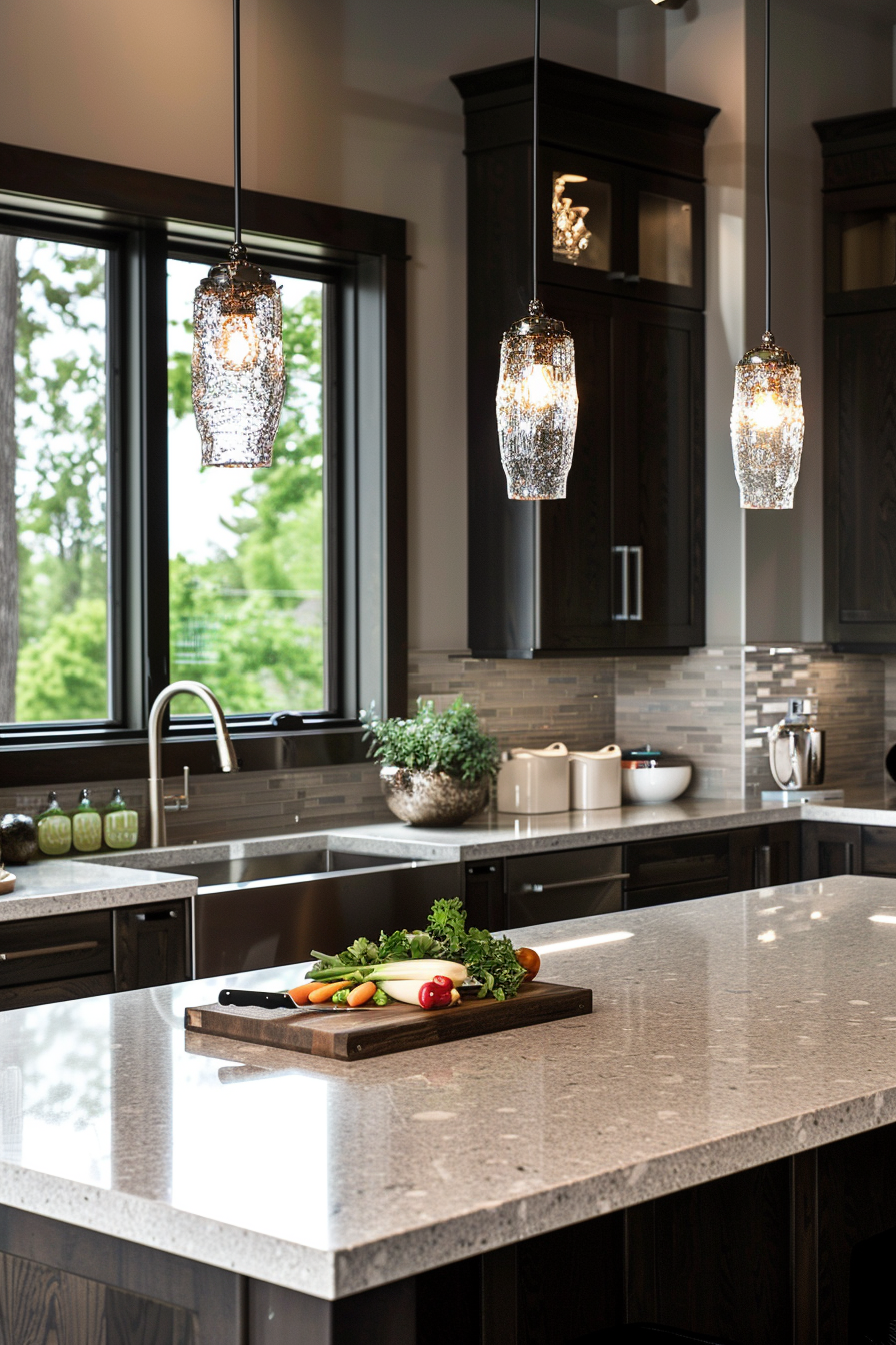 Chrome chandelier over a marble island