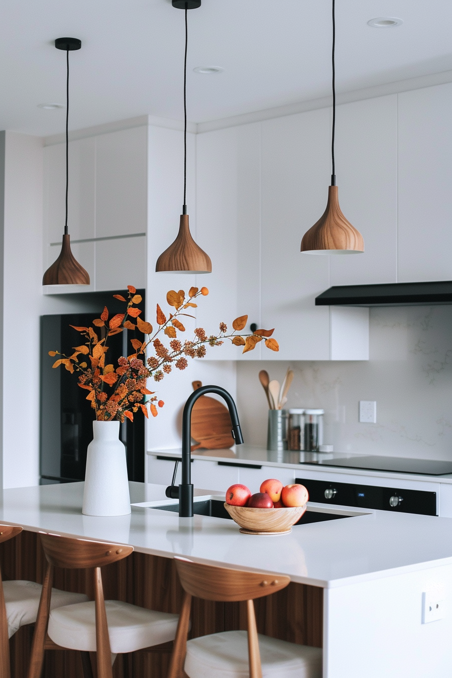 Glass and metal heating light over a granite island