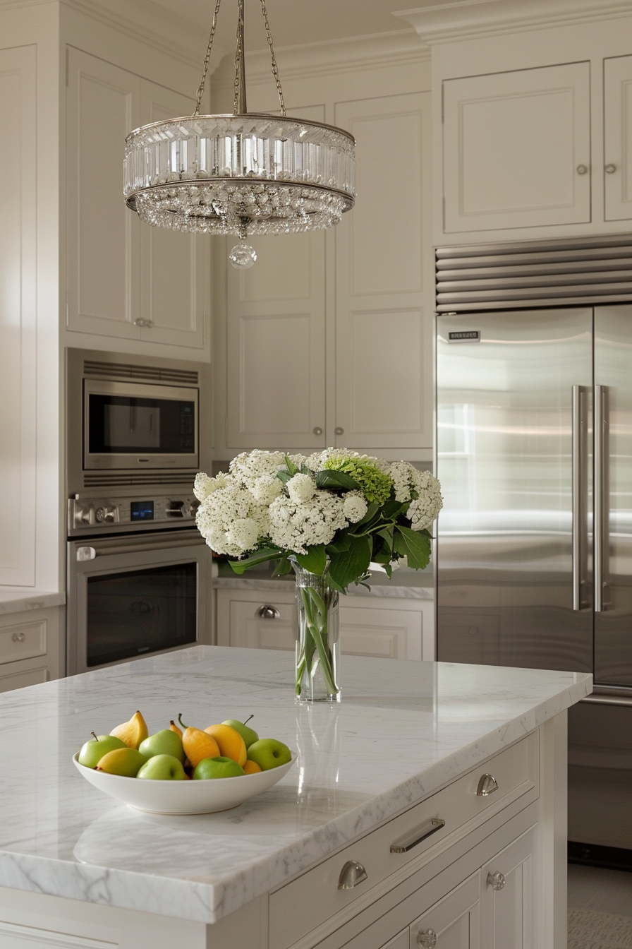 Chrome chandelier over a marble island