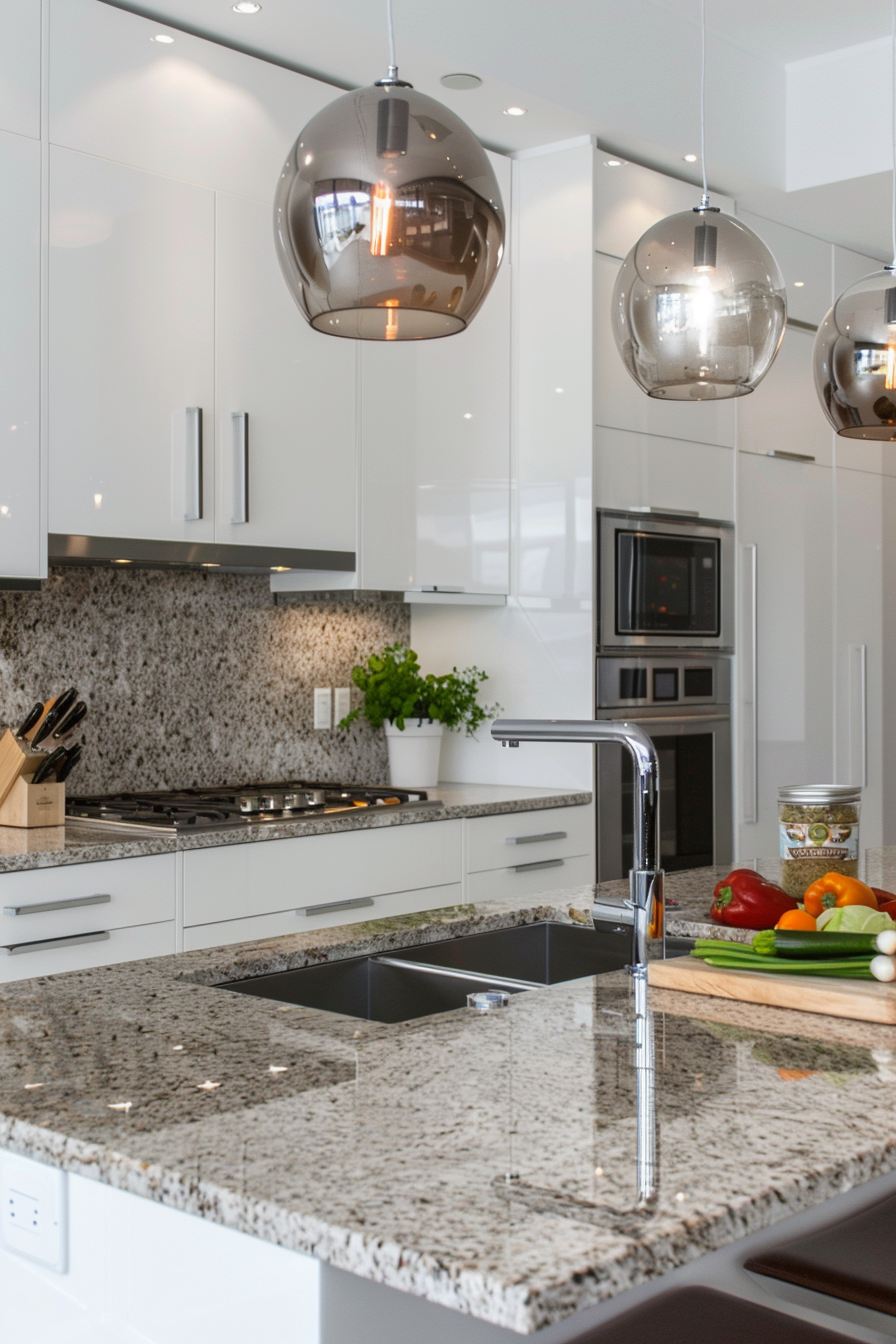 Glass and metal heating light over a granite island