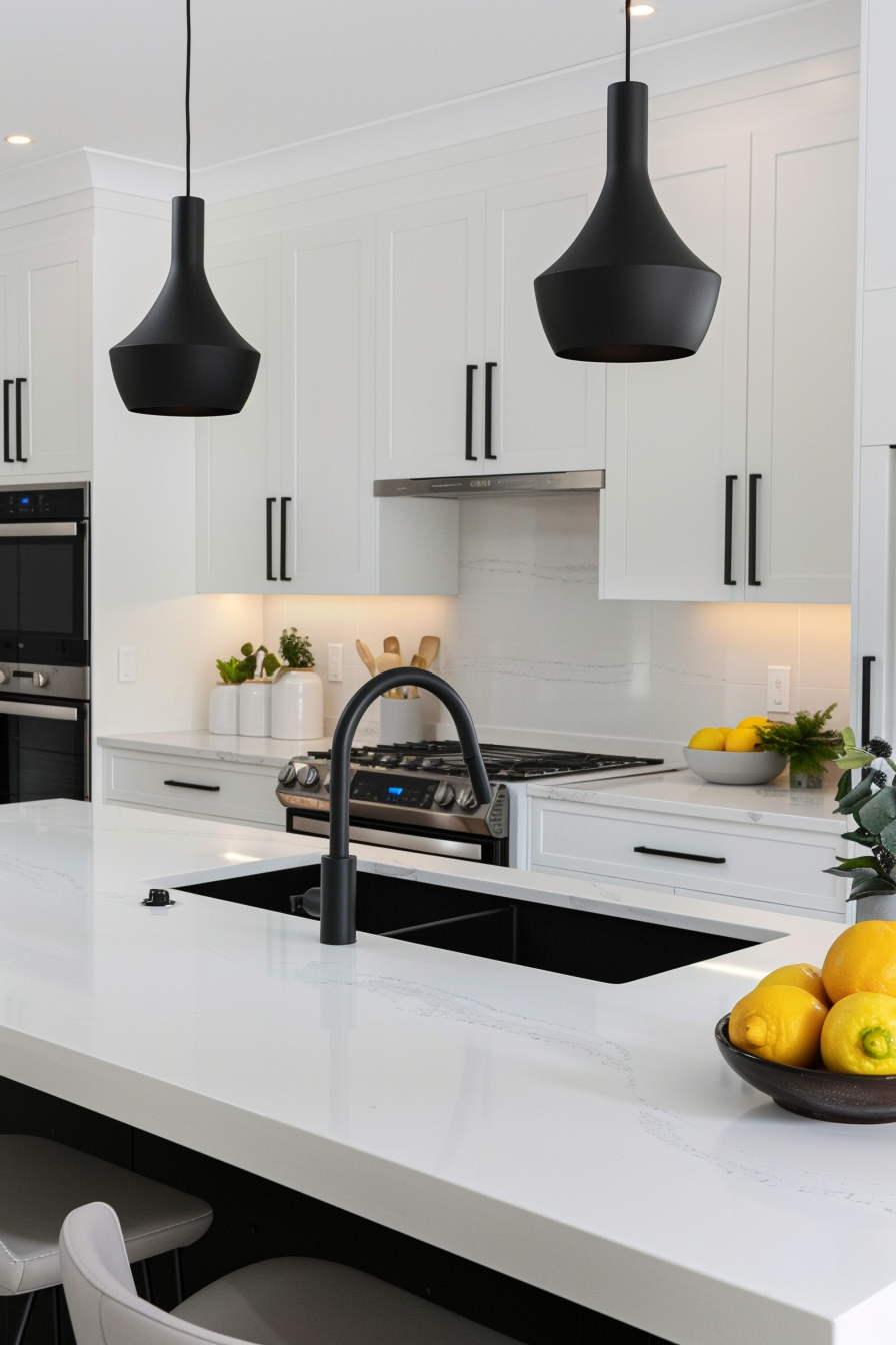 Matte black pendant lights over a white marble island