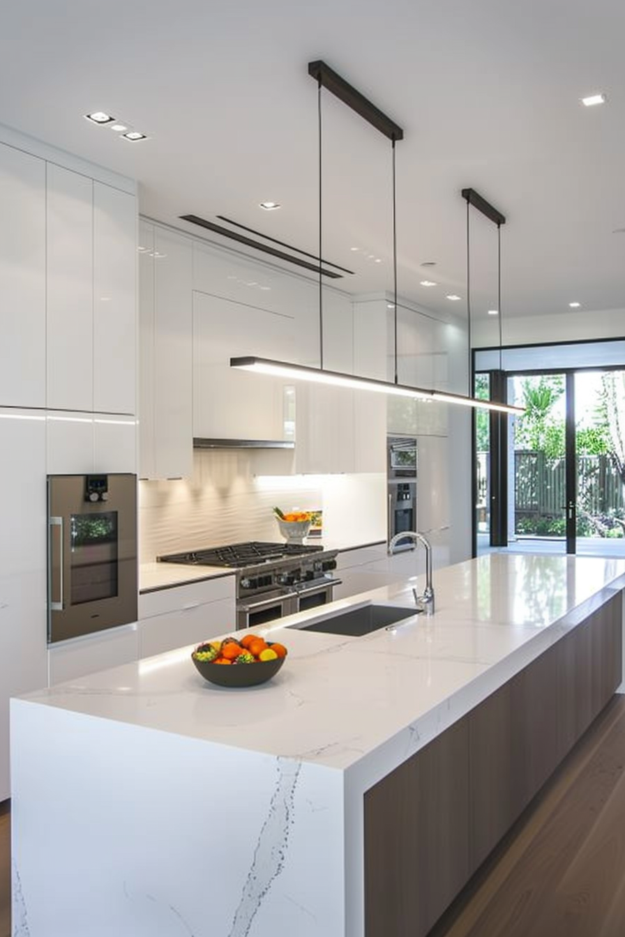 Linear LED hanging lights over a white island