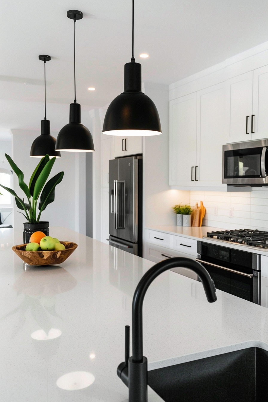 Matte black pendant lights over a white marble island