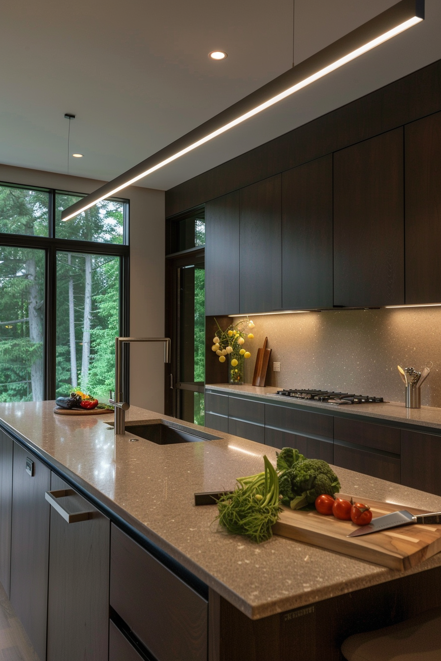 Linear LED hanging lights over a white island