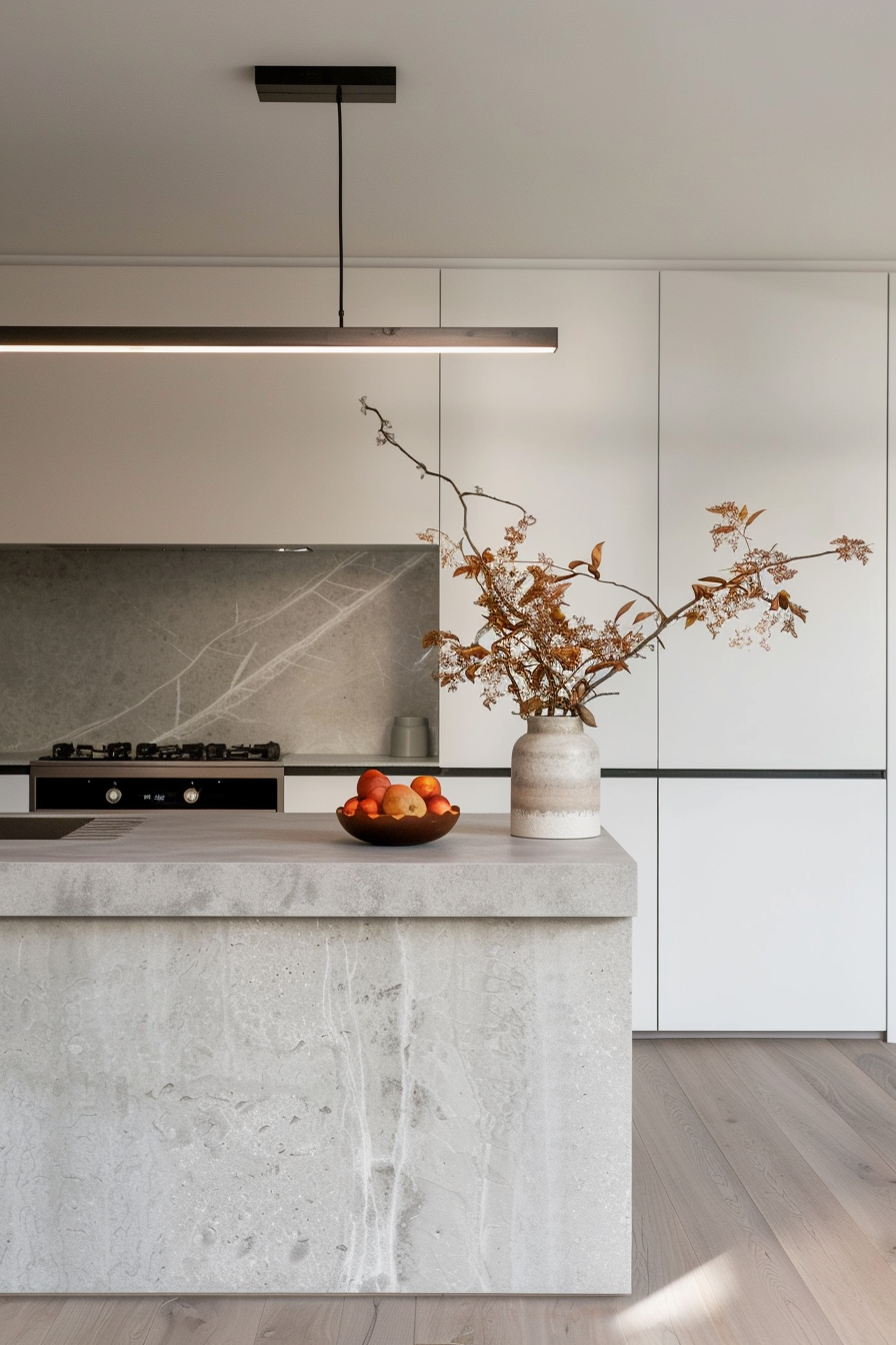 Linear LED hanging lights over a white island