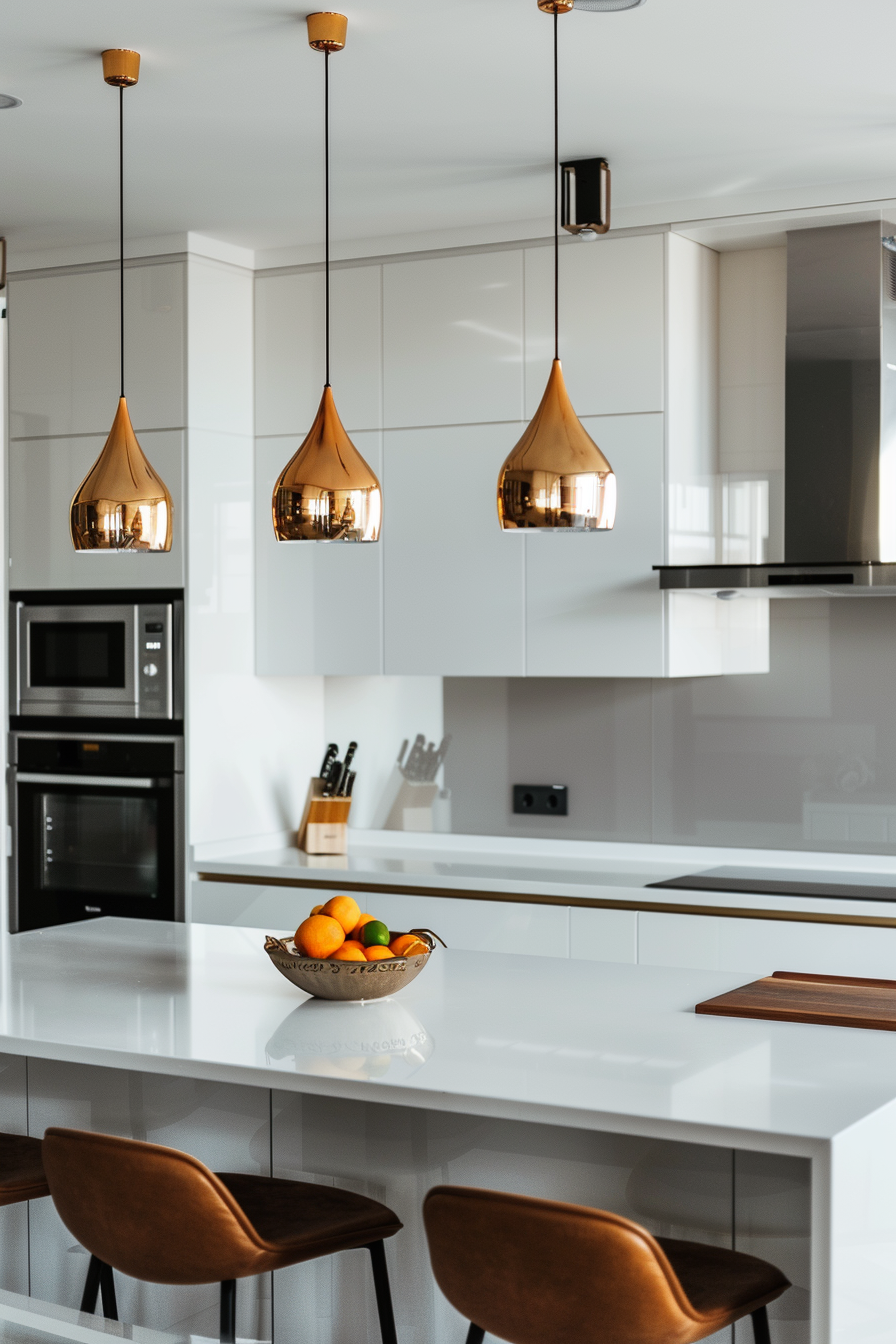 Small white pendant lights above a marble island