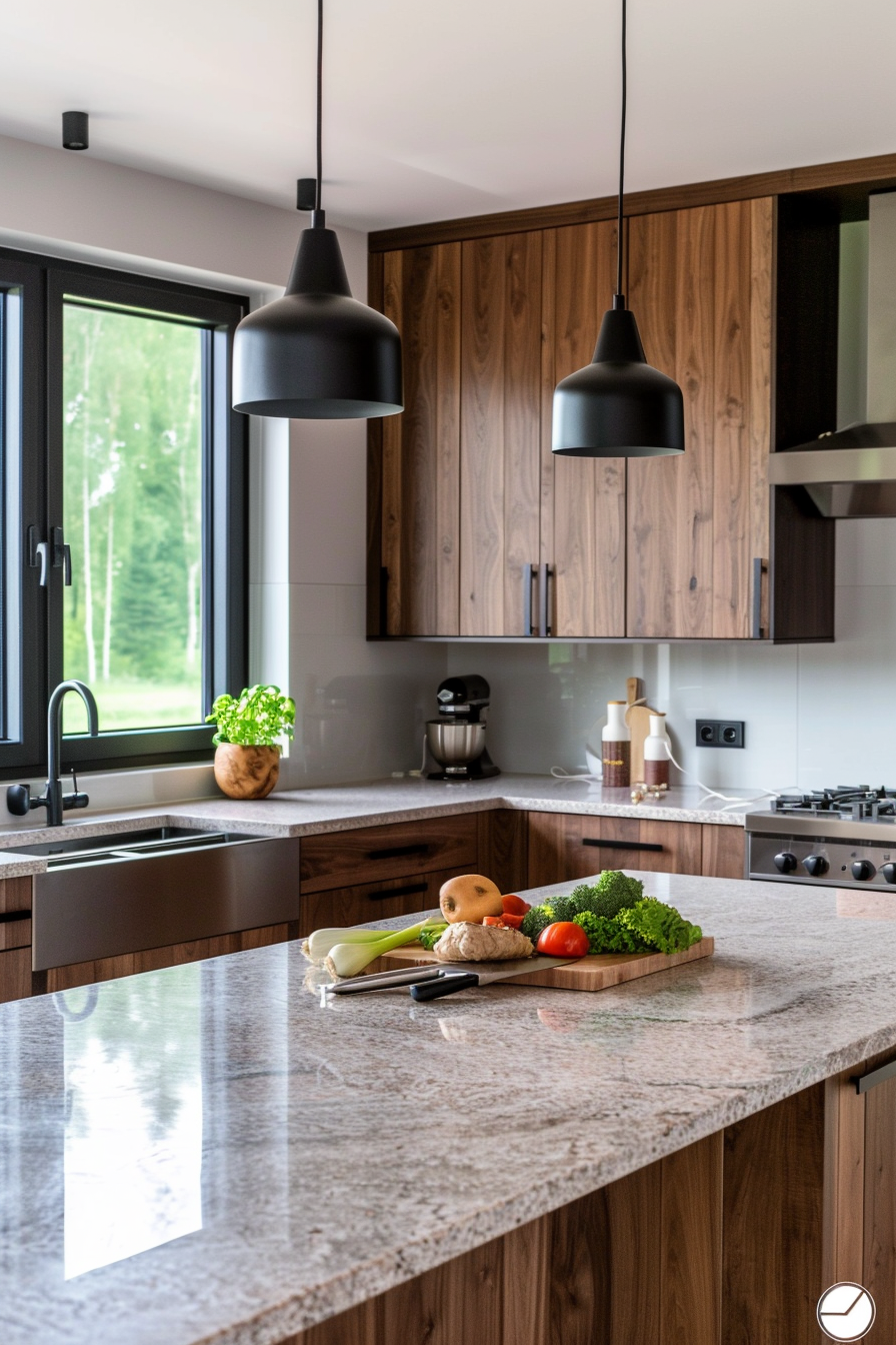 Matte black pendant lights over a white marble island