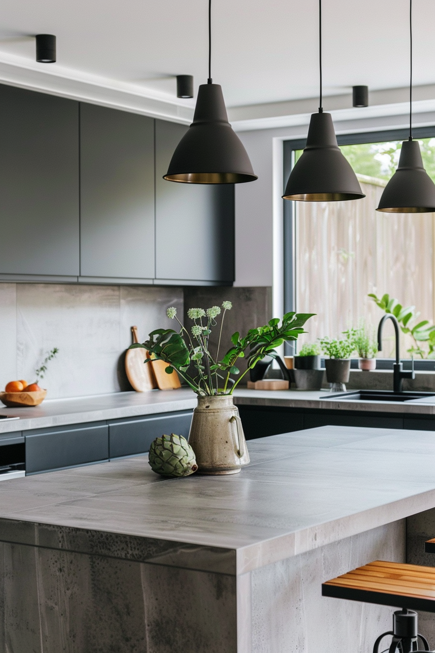 Small white pendant lights above a marble island