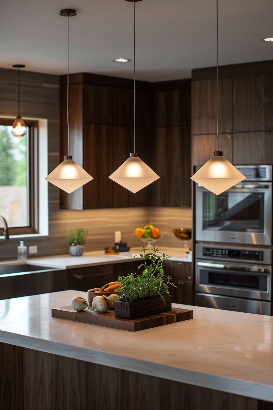 Glass and metal heating light over a granite island