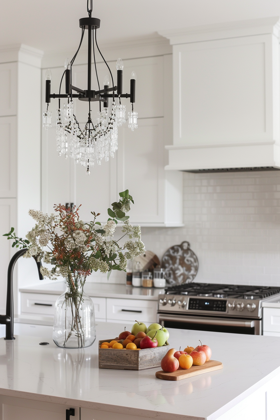 Chrome chandelier over a marble island