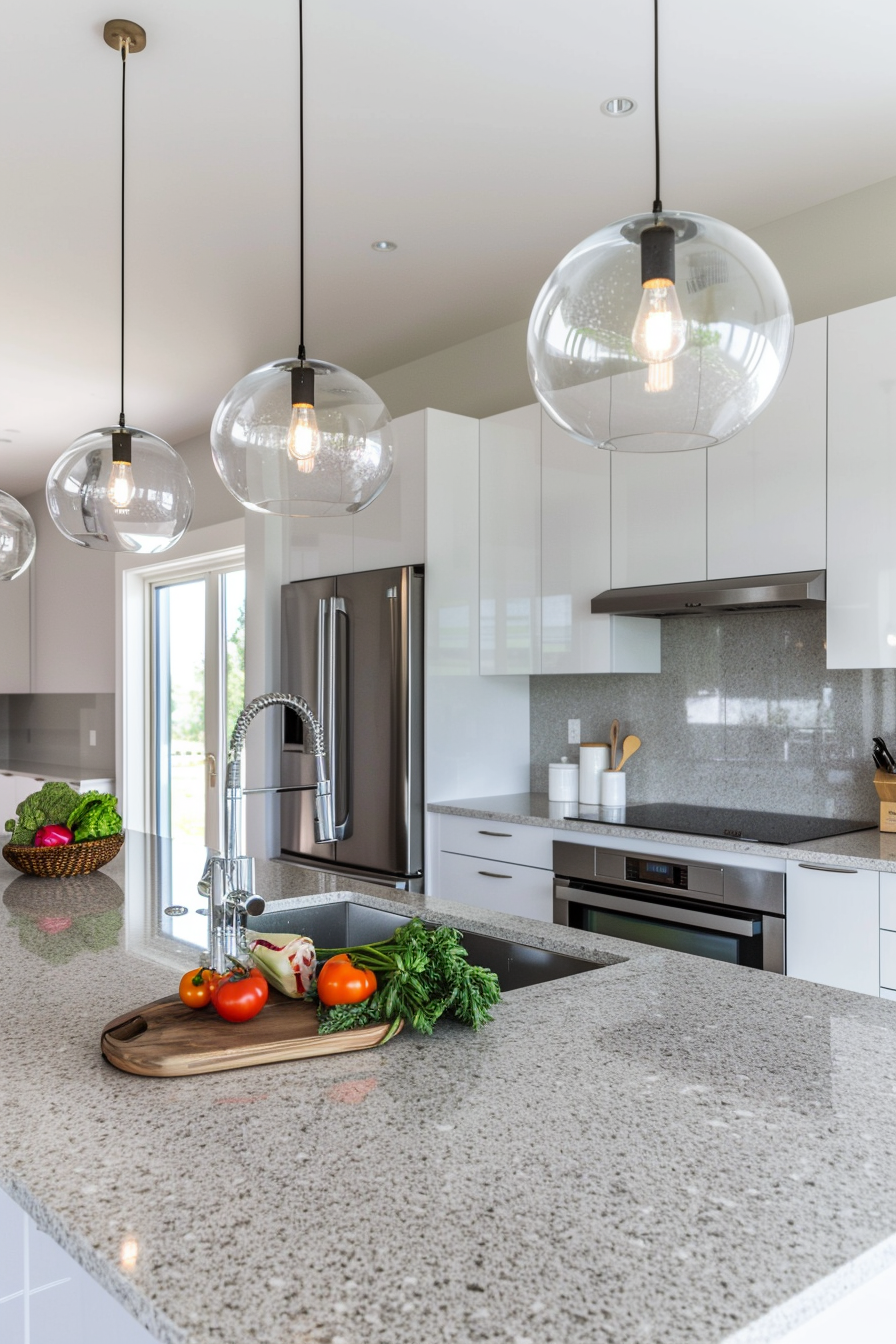 Glass and metal heating light over a granite island