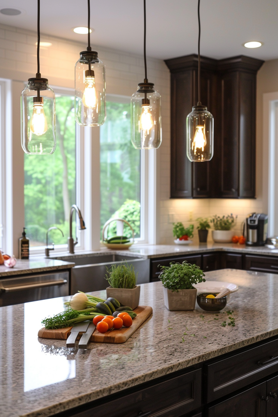 Chrome chandelier over a marble island