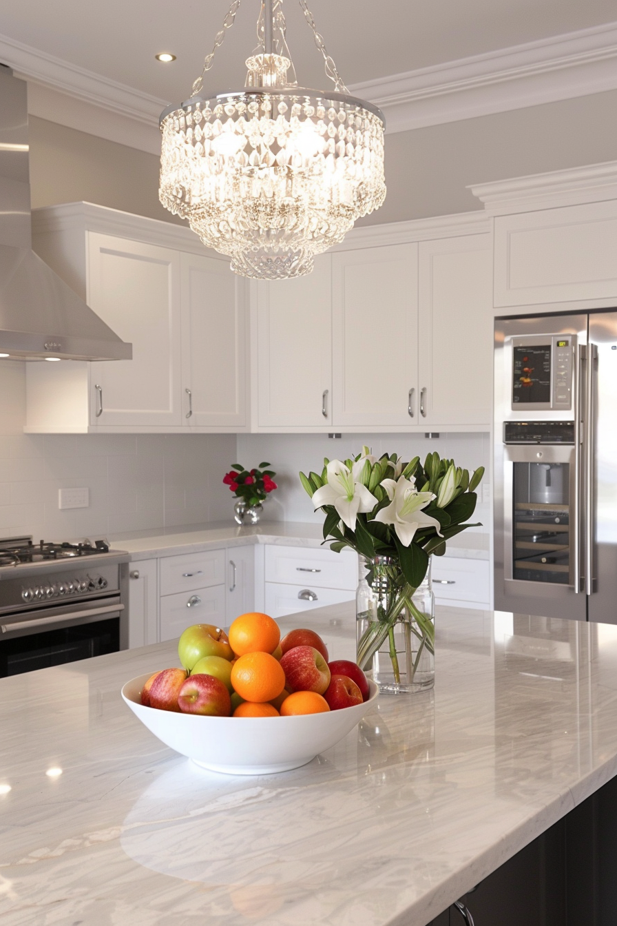 Chrome chandelier over a marble island