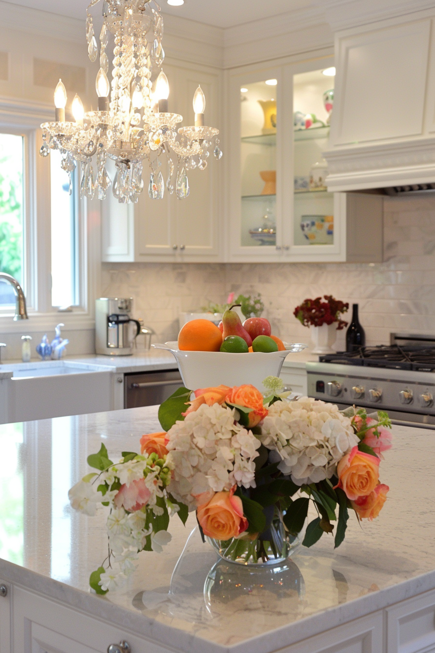 Crystal chandelier over a marble island