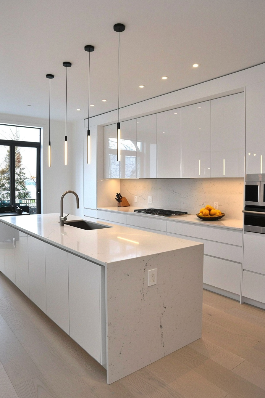 Linear LED hanging lights over a white island