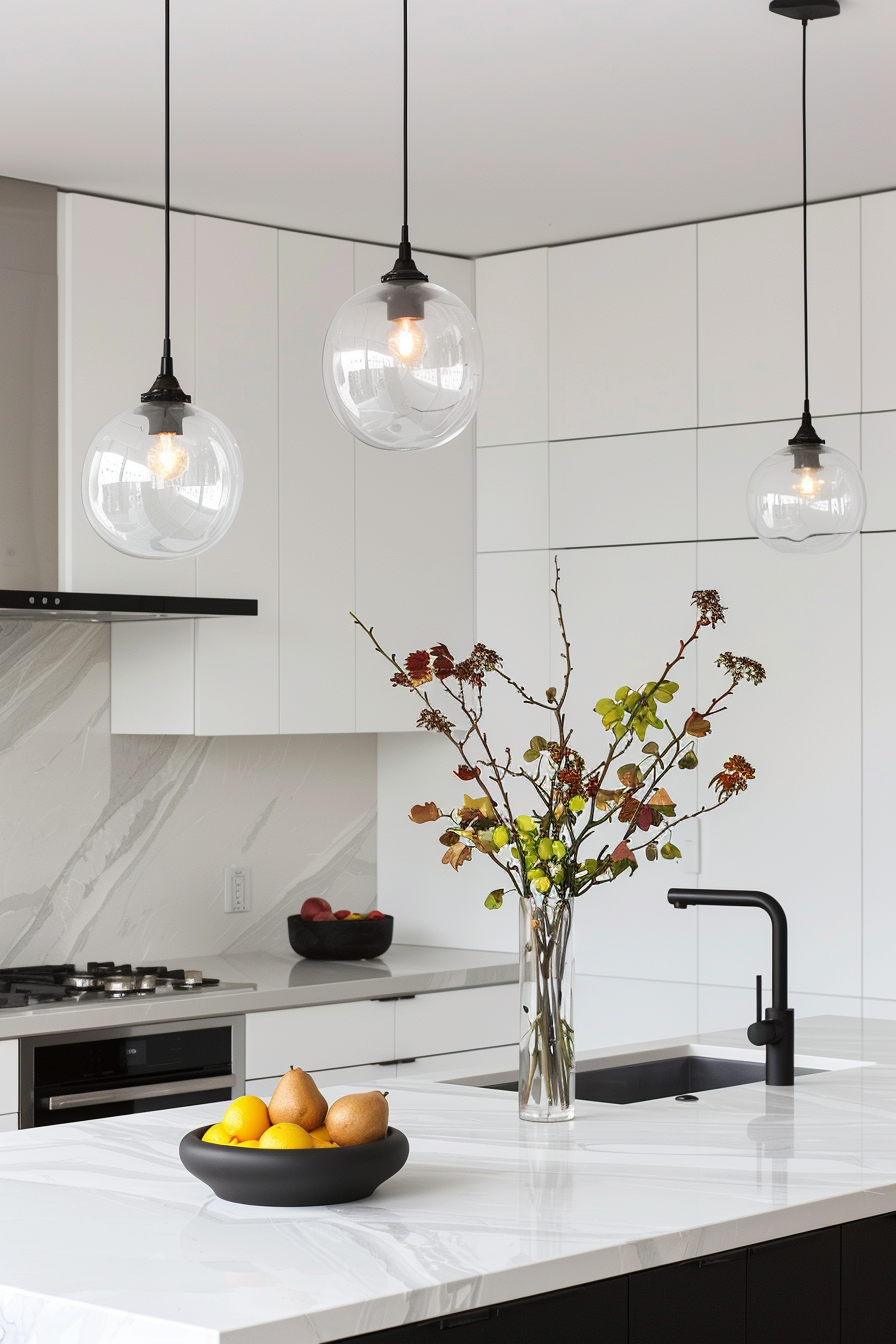 Crystal chandelier over a marble island