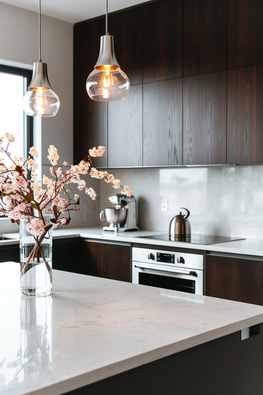 Linear LED hanging lights over a white island