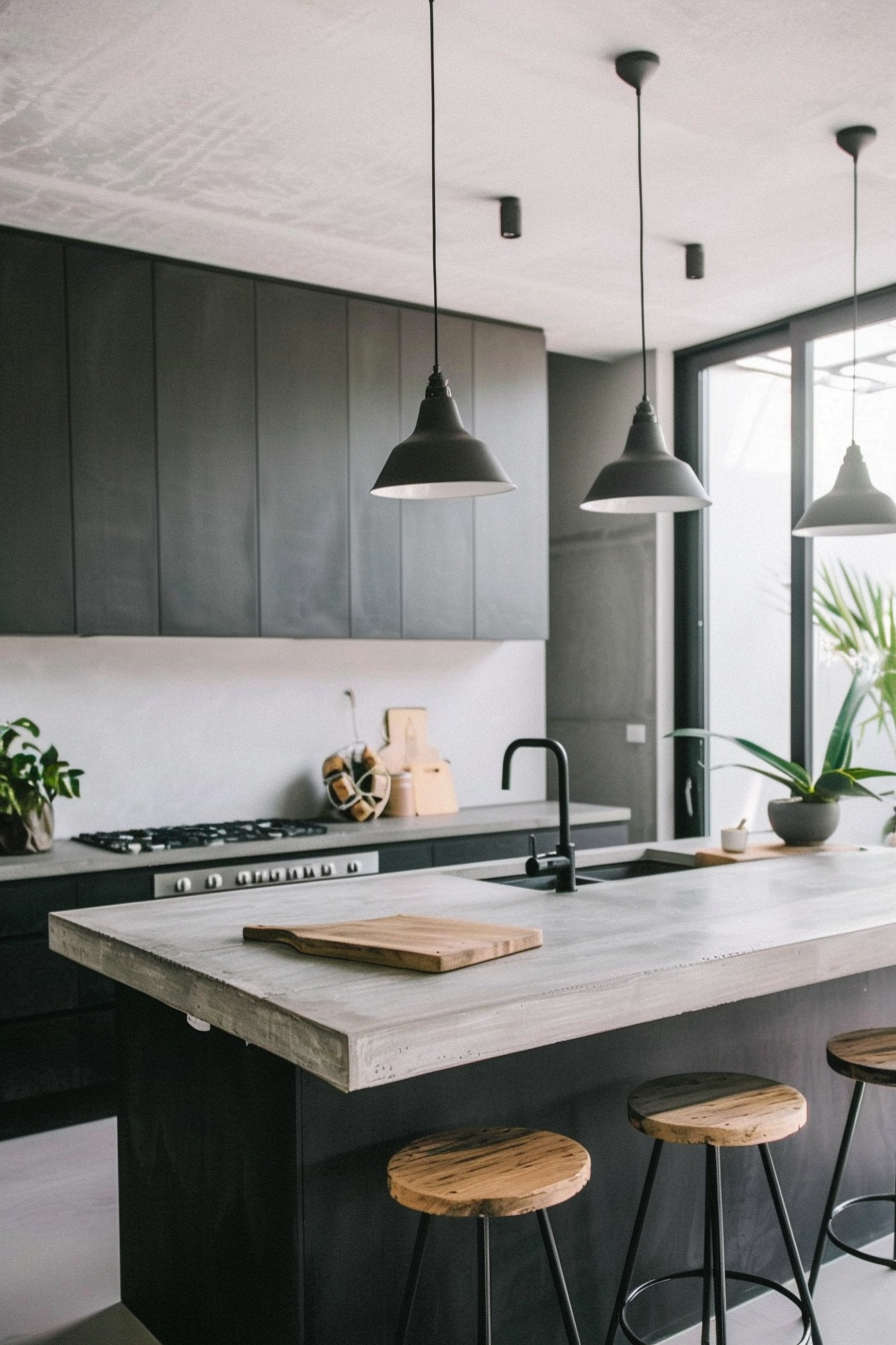 Small white pendant lights above a marble island