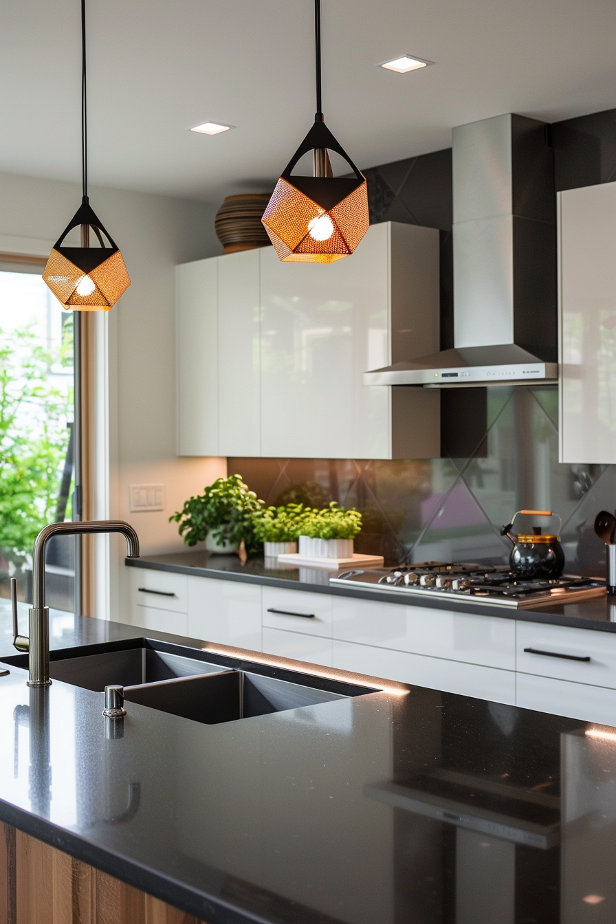 Linear LED hanging lights over a white island