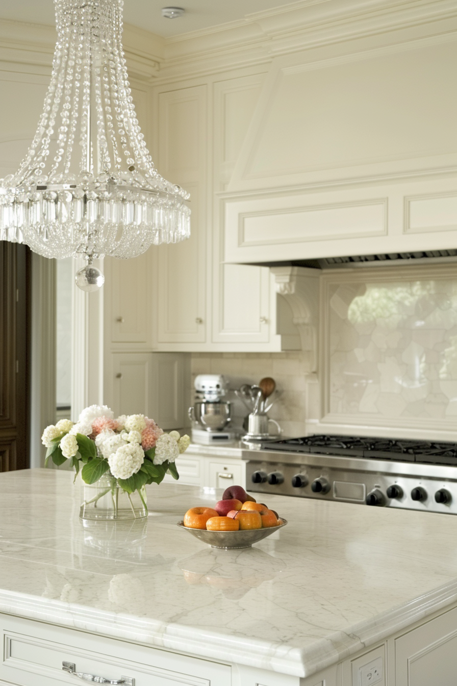 Crystal chandelier over a marble island