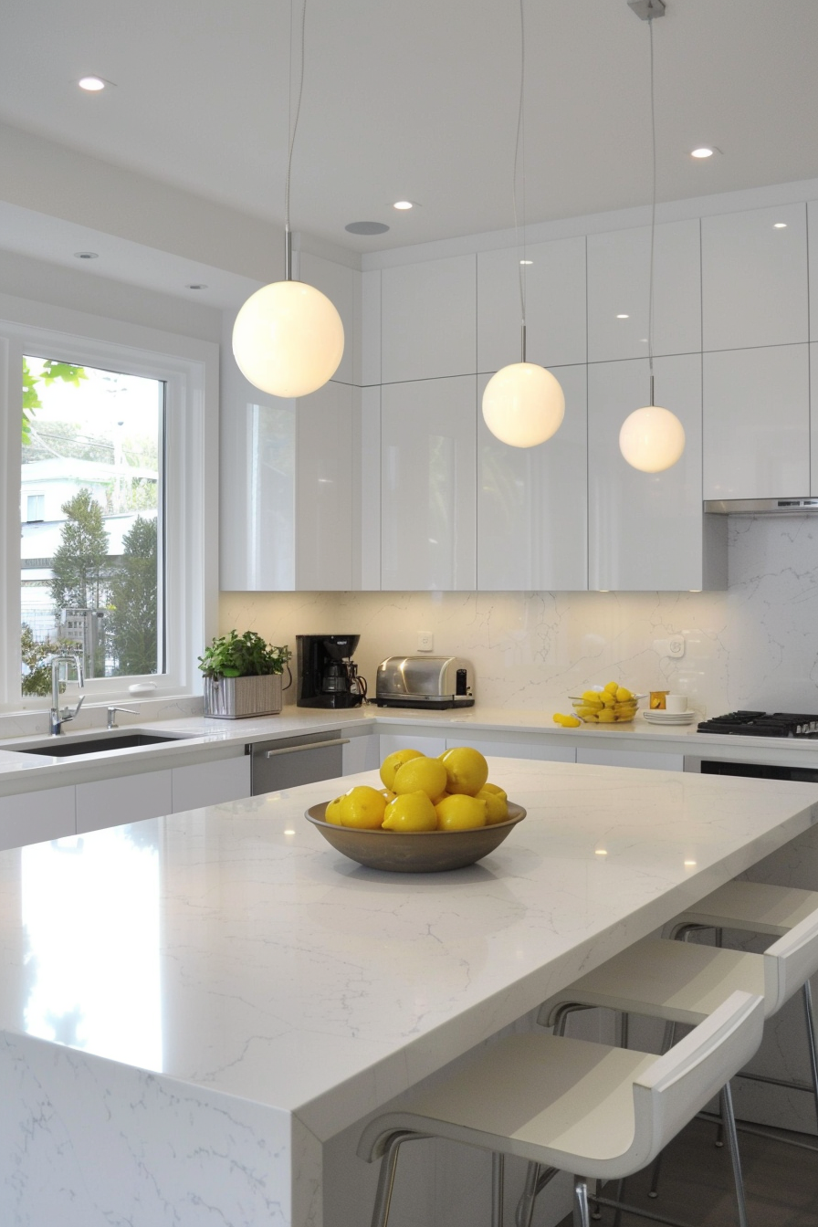 Small white pendant lights above a marble island