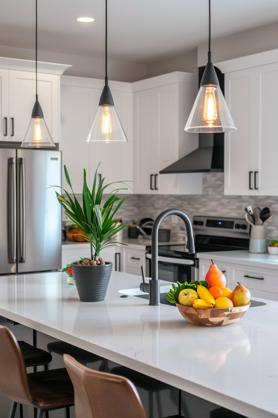 Small white pendant lights above a marble island