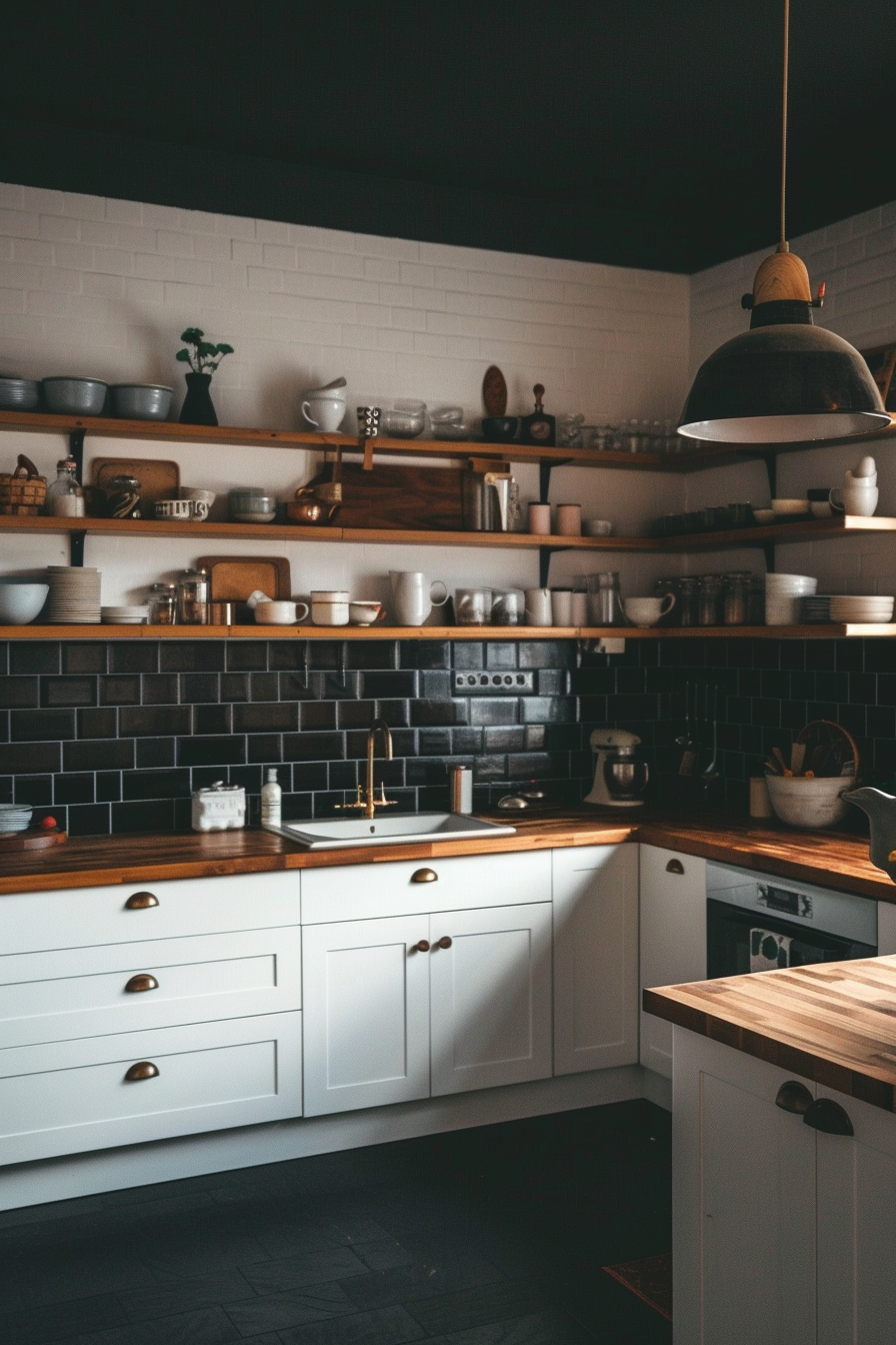 Atmospheric farmhouse kitchen with dark subway tile backsplash